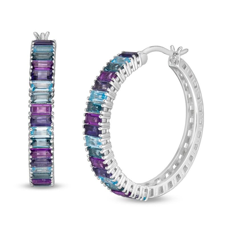 Main Image 1 of Marilyn Monroe™ Collection Baguette Multi-Gemstone Hoop Earrings in Sterling Silver