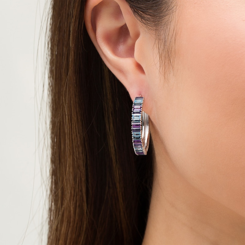 Main Image 3 of Marilyn Monroe™ Collection Baguette Multi-Gemstone Hoop Earrings in Sterling Silver