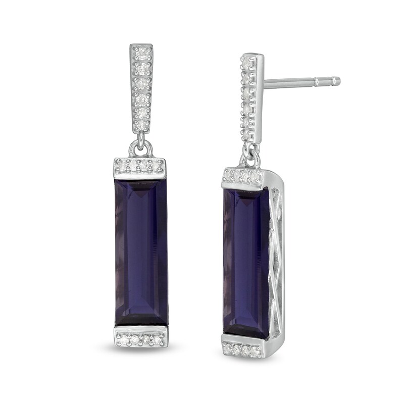 Main Image 1 of Marilyn Monroe™ Collection Emerald-Cut Iolite and 1/6 CT. T.W. Diamond Border Drop Earrings in Sterling Silver