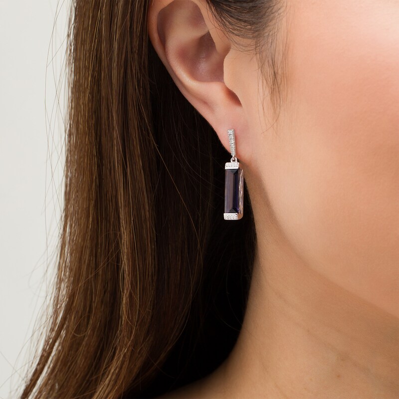 Main Image 3 of Marilyn Monroe™ Collection Emerald-Cut Iolite and 1/6 CT. T.W. Diamond Border Drop Earrings in Sterling Silver