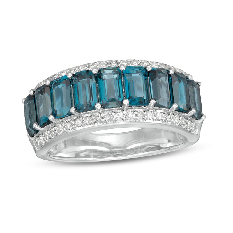 Marilyn Monroe™ Collection Emerald-Cut London Blue Topaz and 1/3 CT. T.W. Diamond Edge Ring in Sterling Silver