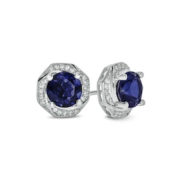 6.0mm Lab-Created Blue Sapphire and 1/10 CT. T.W. Diamond Octagonal Swirl Frame Stud Earrings in 10K White Gold