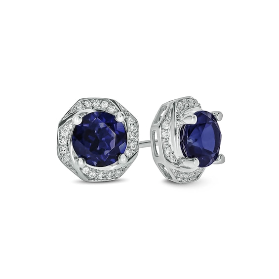 6.0mm Lab-Created Blue Sapphire and 1/10 CT. T.w. Diamond Octagonal Swirl Frame Stud Earrings in 10K White Gold