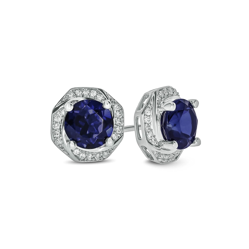 Main Image 1 of 6.0mm Lab-Created Blue Sapphire and 1/10 CT. T.W. Diamond Octagonal Swirl Frame Stud Earrings in 10K White Gold