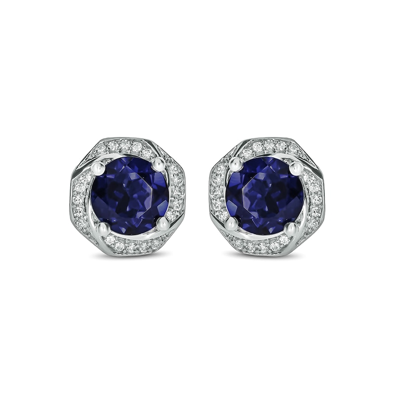 Main Image 2 of 6.0mm Lab-Created Blue Sapphire and 1/10 CT. T.W. Diamond Octagonal Swirl Frame Stud Earrings in 10K White Gold