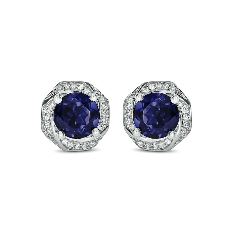 6.0mm Lab-Created Blue Sapphire and 1/10 CT. T.W. Diamond Octagonal Swirl Frame Stud Earrings in 10K White Gold