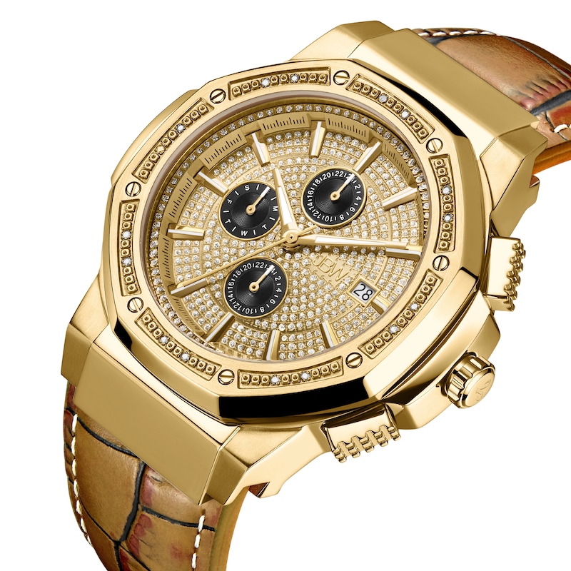 Main Image 2 of Men's JBW Saxon 1/6 CT. T.W. Diamond 18K Gold Plate Strap Watch with Gold-Tone Dial (Model: JB-6101L-10D)