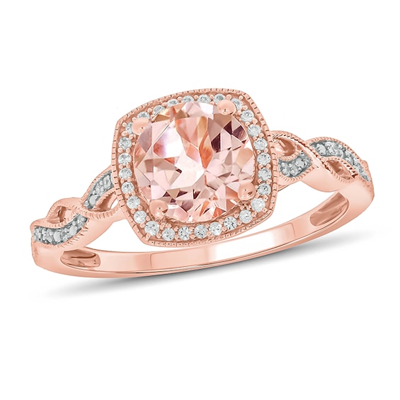 7.0mm Morganite and 1/10 CT. T.w. Diamond Cushion Frame Twist Shank Vintage-Style Ring in 10K Rose Gold