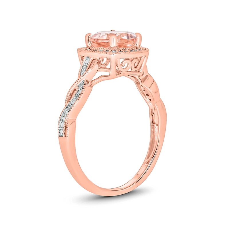 Main Image 2 of 7.0mm Morganite and 1/10 CT. T.W. Diamond Cushion Frame Twist Shank Vintage-Style Ring in 10K Rose Gold