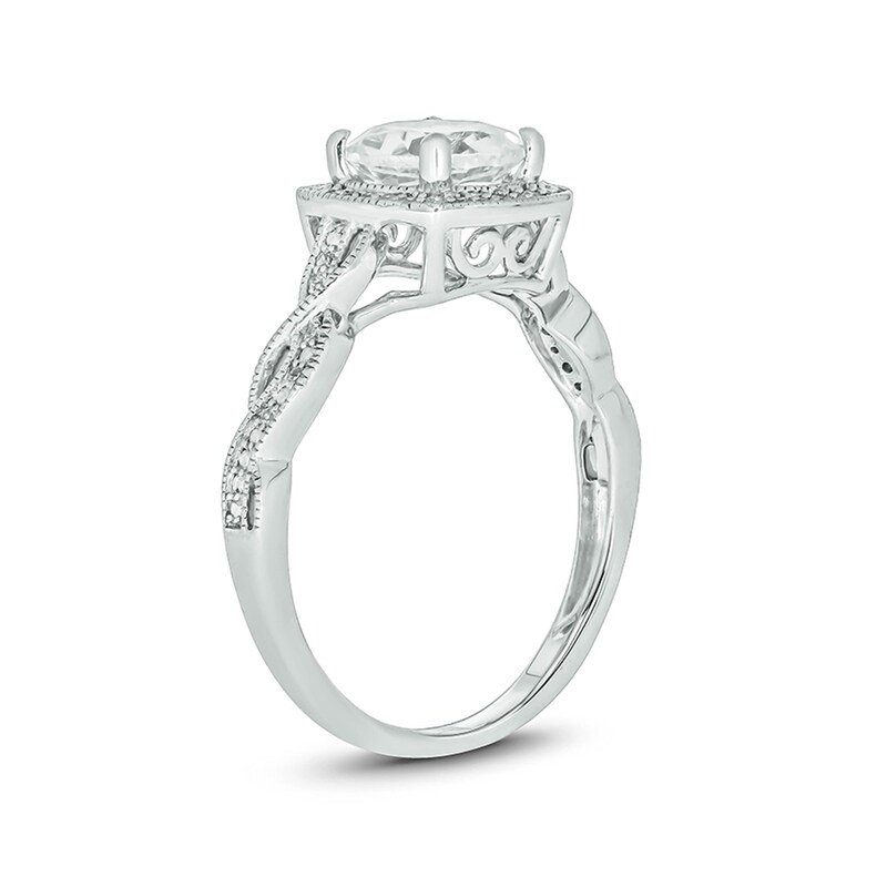 Lab-Created White Sapphire and 1/10 CT. T.W. Diamond Cushion Frame Twist Shank Vintage-Style Ring in 10K White Gold
