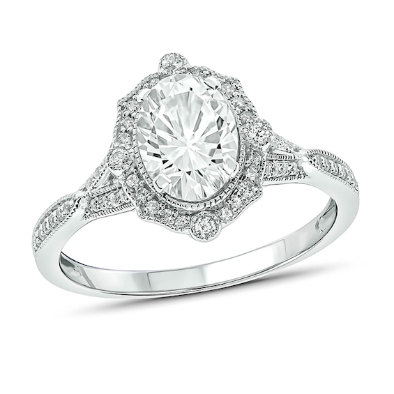 Oval Lab-Created White Sapphire and 1/5 CT. T.w. Diamond Ornate Frame Split Shank Vintage-Style Ring in 10K White Gold
