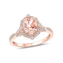 Oval Morganite and 1/5 CT. T.W. Diamond Ornate Frame Split Shank Vintage-Style Ring in 10K Rose Gold