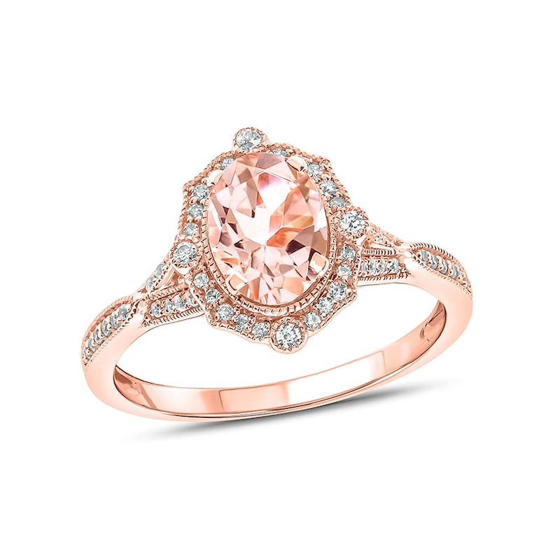 Main Image 1 of Oval Morganite and 1/5 CT. T.W. Diamond Ornate Frame Split Shank Vintage-Style Ring in 10K Rose Gold