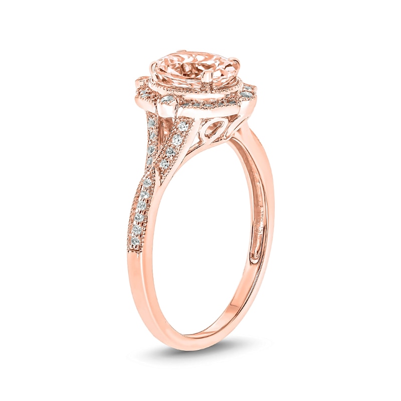 Main Image 2 of Oval Morganite and 1/5 CT. T.W. Diamond Ornate Frame Split Shank Vintage-Style Ring in 10K Rose Gold