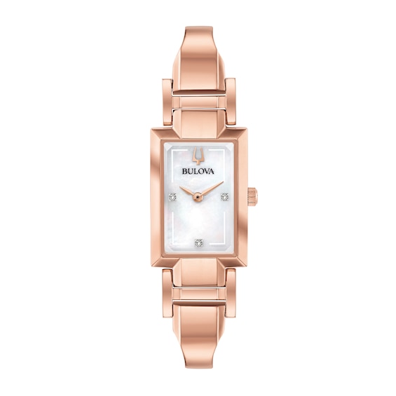 Ladies' Bulova Classic Diamond Accent Rose-Tone Bangle Watch with Rectangular Mother-of-Pearl Dial (Model: 97P142) Ladies' Bulova Classic Diamond Accent Rose-Tone Bangle Watch with Rectangular Mother-of-Pearl Dial (Model: 97P142)
