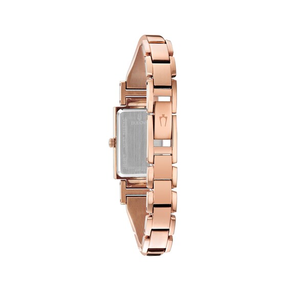 Ladies' Bulova Classic Diamond Accent Rose-Tone Bangle Watch with Rectangular Mother-of-Pearl Dial (Model: 97P142)