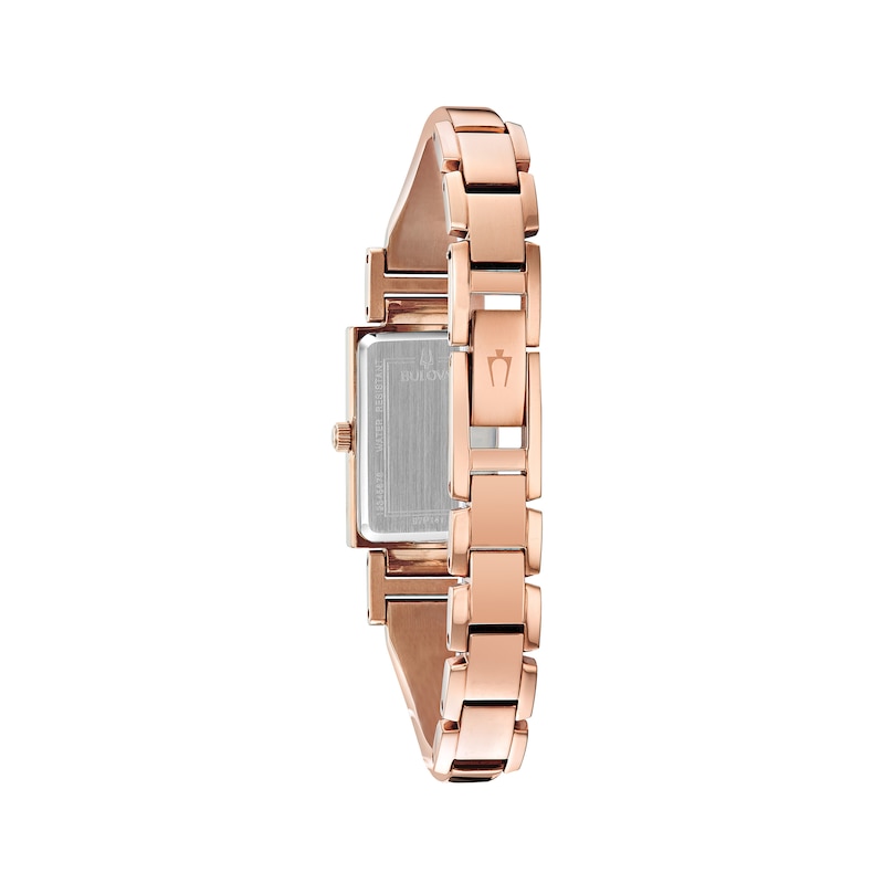 Main Image 3 of Ladies' Bulova Classic Diamond Accent Rose-Tone Bangle Watch with Rectangular Mother-of-Pearl Dial (Model: 97P142)