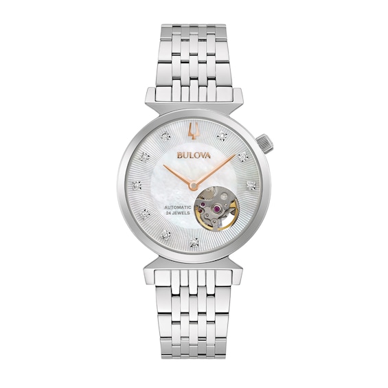 Ladies' Bulova Regatta Diamond Accent Automatic Watch with Mother-of-Pearl Skeleton Dial (Model: 96P222)