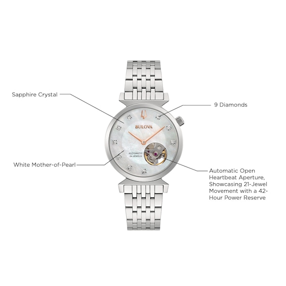 Ladies' Bulova Regatta Diamond Accent Automatic Watch with Mother-of-Pearl Skeleton Dial (Model: 96P222)