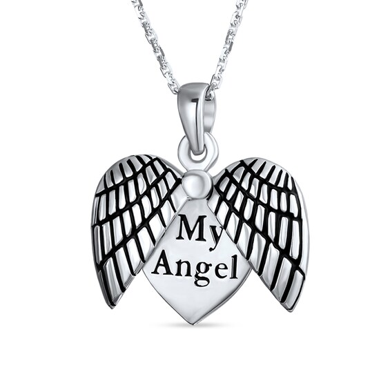"My Angel" Hidden Message Oxidized Angel Wings Heart Locket in Sterling Silver "My Angel" Hidden Message Oxidized Angel Wings Heart Locket in Sterling Silver