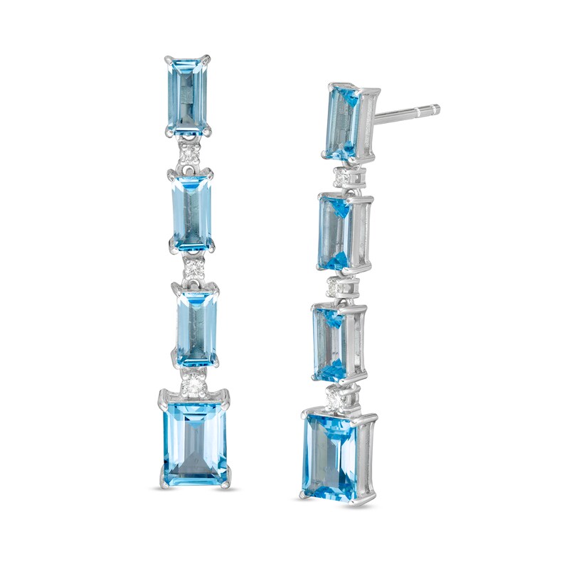 Main Image 1 of Marilyn Monroe™ Collection Baguette Swiss Blue Topaz and 1/8 CT. T.W. Diamond Linear Drop Earrings in Sterling Silver