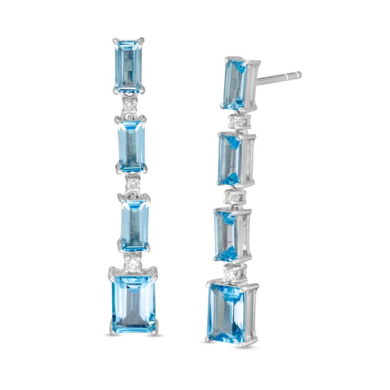 Marilyn Monroe™ Collection Baguette Swiss Blue Topaz and 1/8 CT. T.W. Diamond Linear Drop Earrings in Sterling Silver