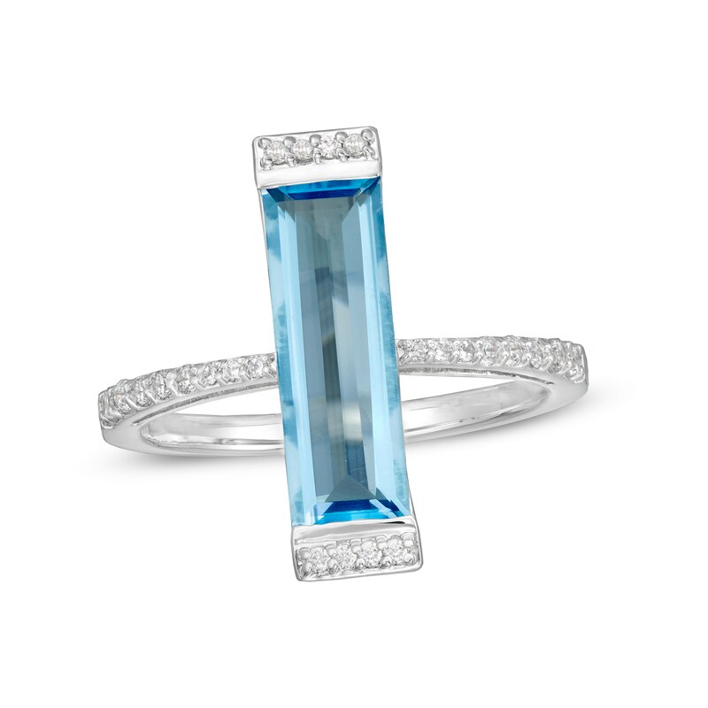 Marilyn Monroe™ Collection Emerald-Cut Swiss Blue Topaz and 1/5 CT. T.W. Diamond Ring in Sterling Silver