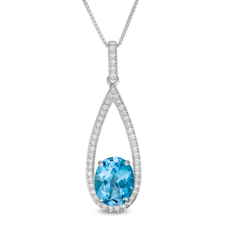 Main Image 1 of Marilyn Monroe™ Collection Oval Swiss Blue Topaz and 1/5 CT. T.W. Diamond Frame Teardrop Pendant in Sterling Silver