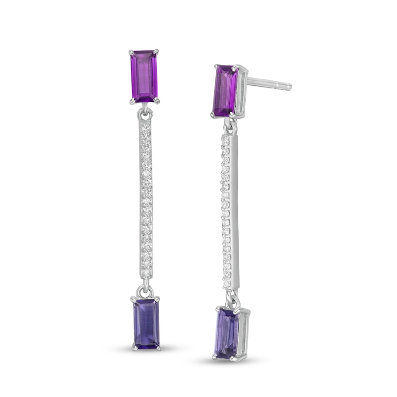 Main Image 1 of Marilyn Monroe™ Collection Baguette Amethyst, Iolite and 1/6 CT. T.W. Diamond Linear Drop Earrings in Sterling Silver
