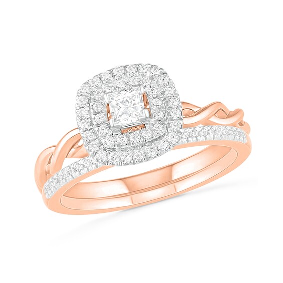 3/8 CT. T.W. Princess-Cut Diamond Double Frame Twist Shank Bridal Set in 10K Rose Gold 3/8 CT. T.W. Princess-Cut Diamond Double Frame Twist Shank Bridal Set in 10K Rose Gold