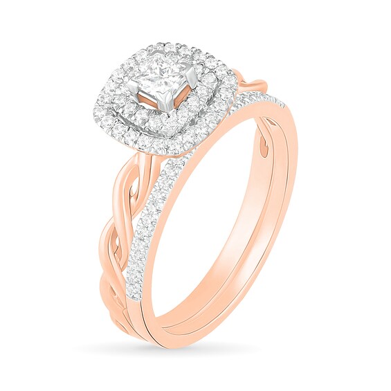 3/8 CT. T.W. Princess-Cut Diamond Double Frame Twist Shank Bridal Set in 10K Rose Gold 3/8 CT. T.W. Princess-Cut Diamond Double Frame Twist Shank Bridal Set in 10K Rose Gold