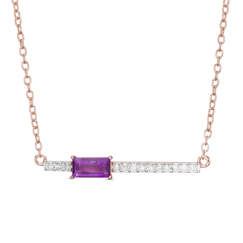 Main Image 1 of Marilyn Monroe™ Collection Baguette Amethyst and 1/8 CT. T.W. Diamond Bar Necklace in Sterling Silver with 18K Rose GP