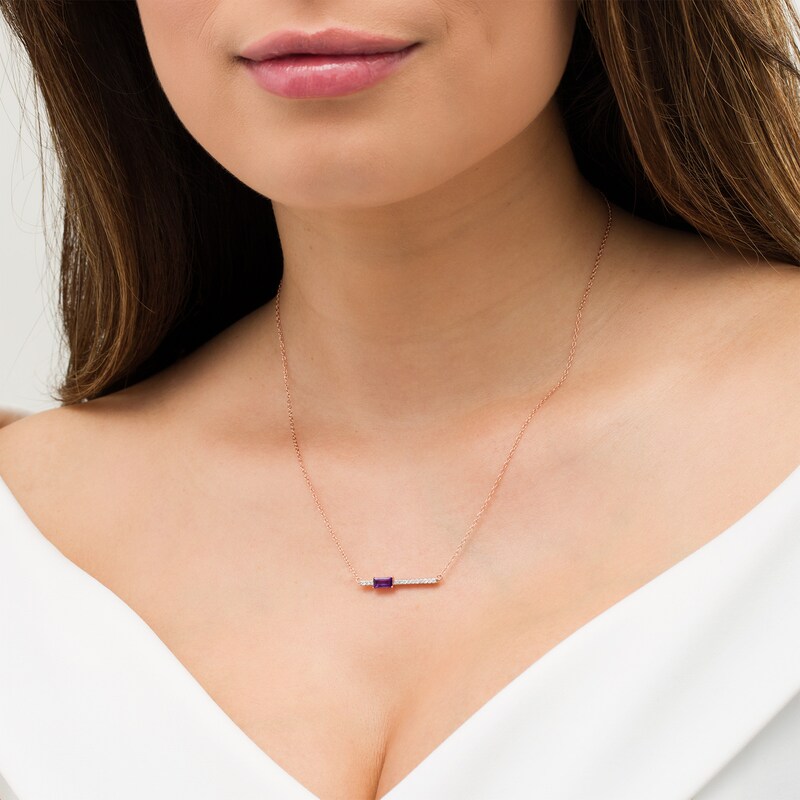 Main Image 3 of Marilyn Monroe™ Collection Baguette Amethyst and 1/8 CT. T.W. Diamond Bar Necklace in Sterling Silver with 18K Rose GP