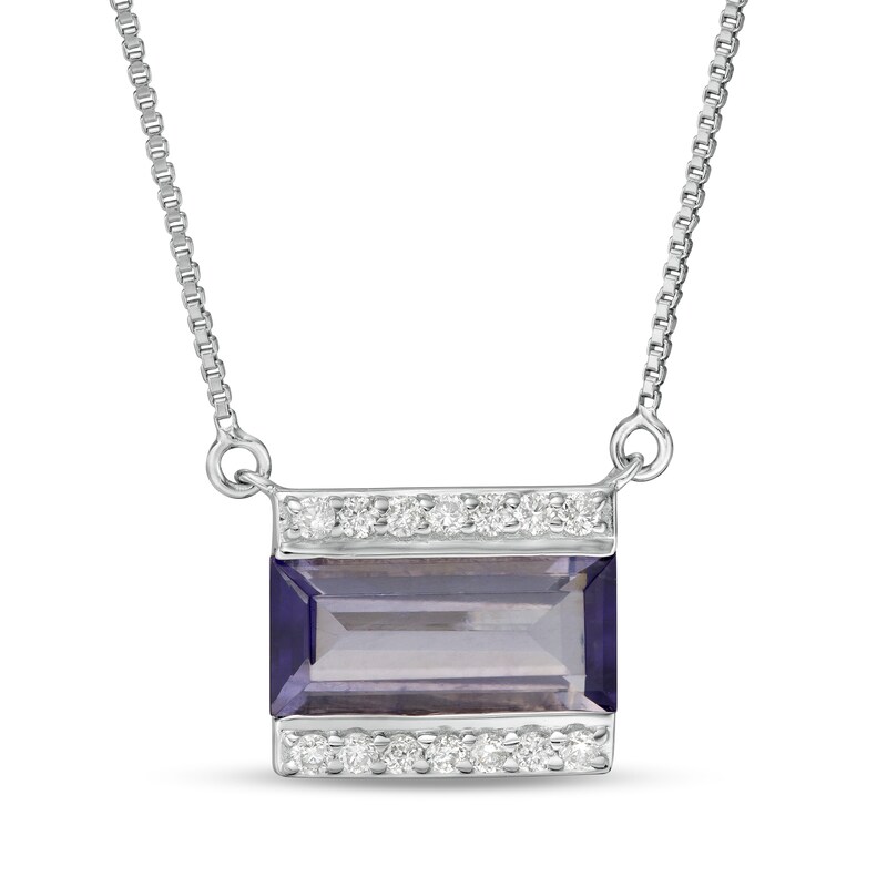 Main Image 1 of Marilyn Monroe™ Collection Emerald-Cut Iolite and 1/8 CT. T.W. Diamond Border Bar Necklace in Sterling Silver