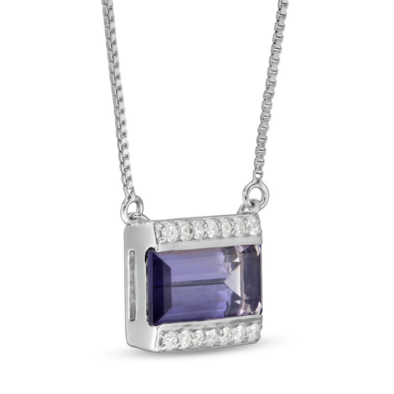 Main Image 2 of Marilyn Monroe™ Collection Emerald-Cut Iolite and 1/8 CT. T.W. Diamond Border Bar Necklace in Sterling Silver