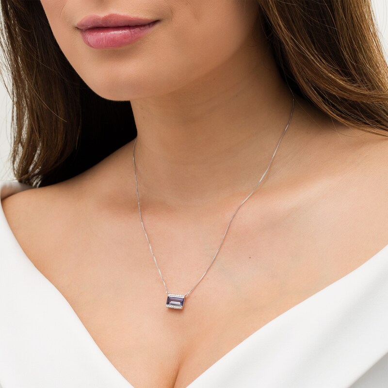 Main Image 3 of Marilyn Monroe™ Collection Emerald-Cut Iolite and 1/8 CT. T.W. Diamond Border Bar Necklace in Sterling Silver