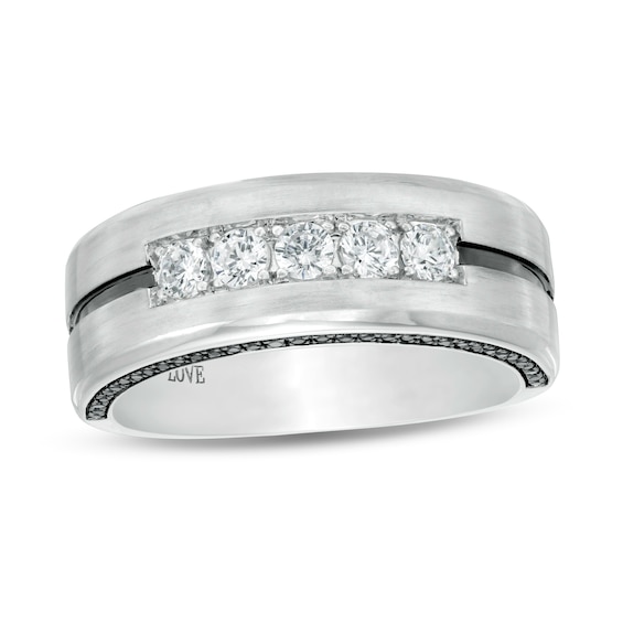 Vera Wang Men's 3/4 CT. T.w. Black and White Diamond Five Stone Wedding Band in 14K White Gold
