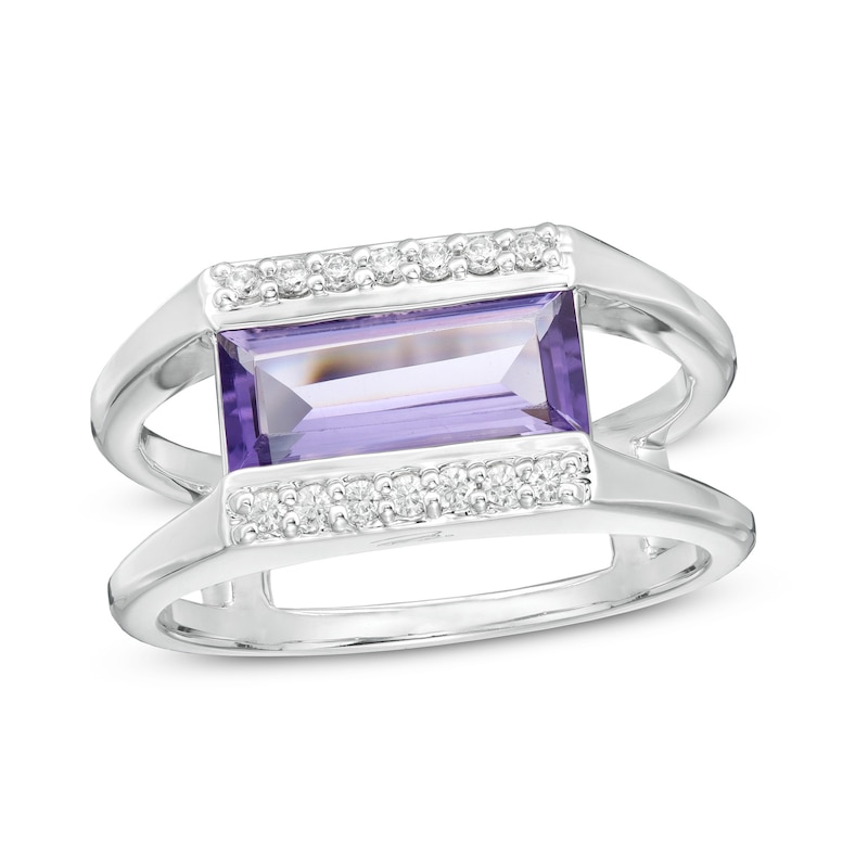 Marilyn Monroe™ Collection Emerald-Cut Iolite and 1/8 CT. T.W. Diamond Border Bar Ring in Sterling Silver