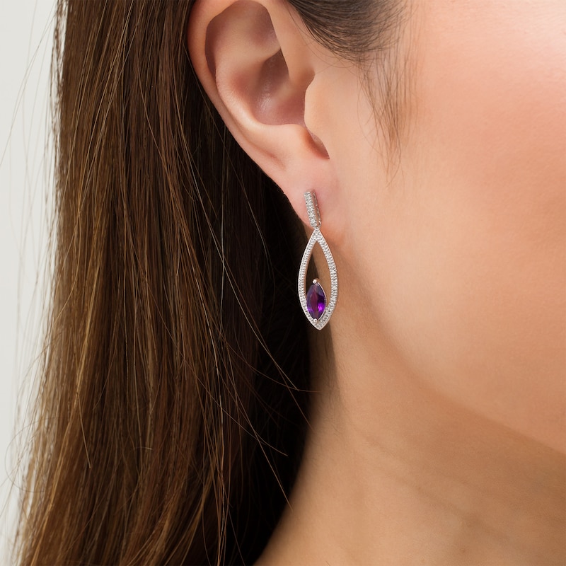 Main Image 3 of Marilyn Monroe™ Collection Marquise Amethyst and 1/4 CT. T.W. Diamond Frame Drop Earrings in Sterling Silver