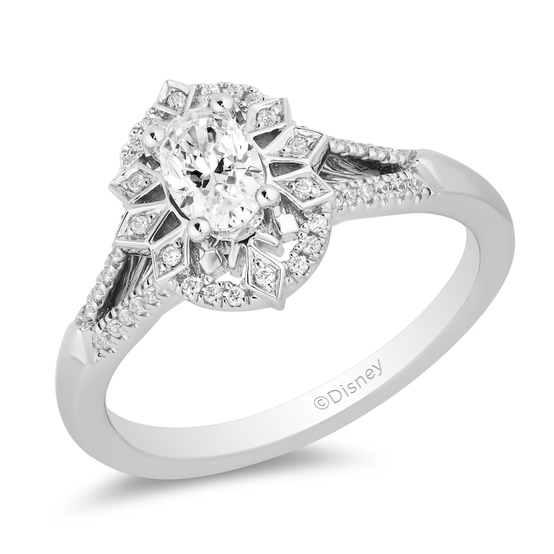 Main Image 1 of Enchanted Disney Elsa 1/2 CT. T.W. Oval Diamond Snowflake Frame Engagement Ring in 14K White Gold