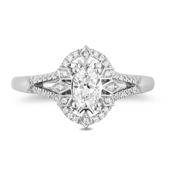 Enchanted Disney Elsa 1/2 CT. T.w. Oval Diamond Snowflake Frame Engagement Ring in 14K White Gold