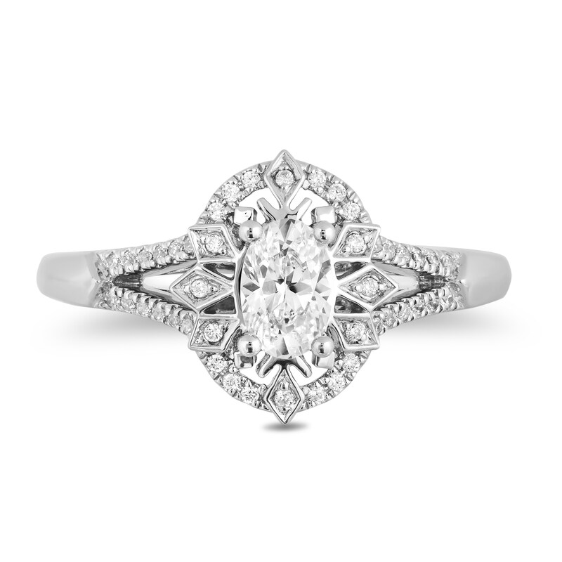 Main Image 4 of Enchanted Disney Elsa 1/2 CT. T.W. Oval Diamond Snowflake Frame Engagement Ring in 14K White Gold