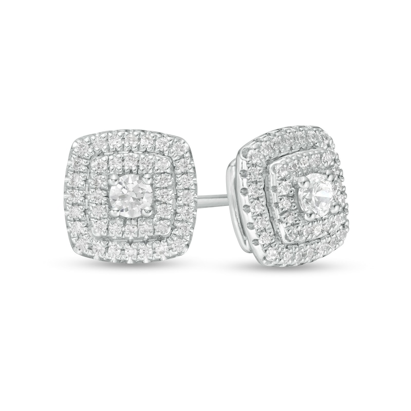 1/2 CT. T.W. Diamond Cushion Double Frame Stud Earrings in 10K White Gold