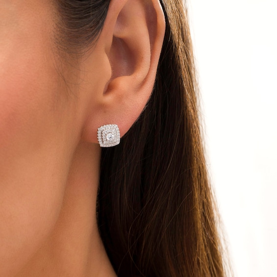 1/2 CT. T.w. Diamond Cushion Double Frame Stud Earrings in 10K White Gold