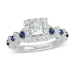 Vera Wang Love Collection 1 CT. T.W. Princess-Cut Diamond and Blue Sapphire Engagement Ring in 14K White Gold