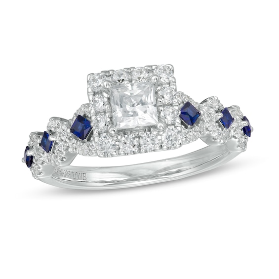 Vera Wang Love Collection 1 CT. T.w. Princess-Cut Diamond and Blue Sapphire Engagement Ring in 14K White Gold
