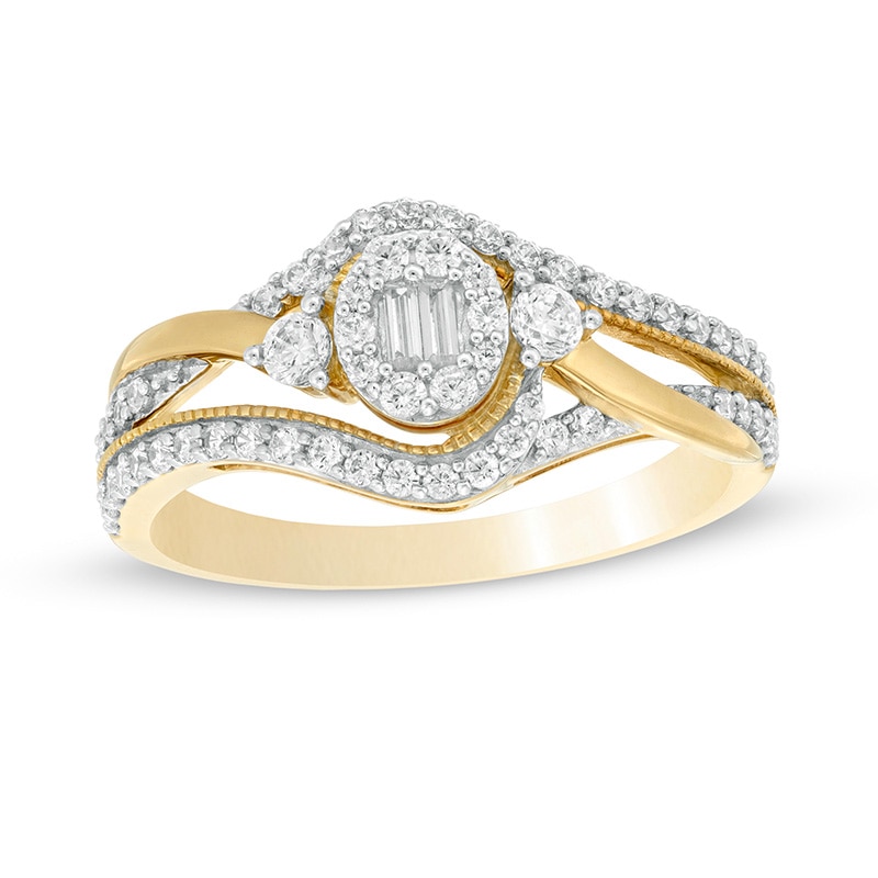 Main Image 1 of 1/2 CT. T.W. Oval Multi-Diamond Frame Vintage-Style Bypass Ring in 10K Gold