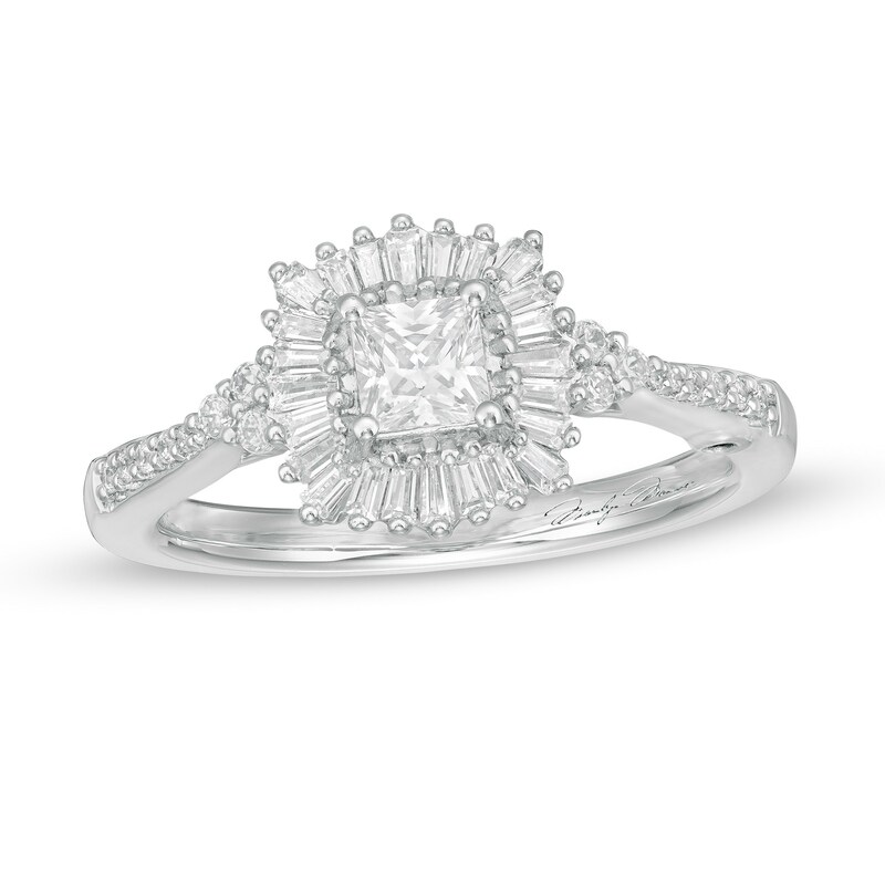 Main Image 1 of Marilyn Monroe™ Collection 5/8 CT. T.W. Princess-Cut Diamond Starburst Frame Engagement Ring in 14K White Gold
