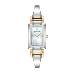Ladies' Bulova Classic Diamond Accent Two-Tone Bangle Watch with Rectangular Mother-of-Pearl Dial (Model: 98P188)