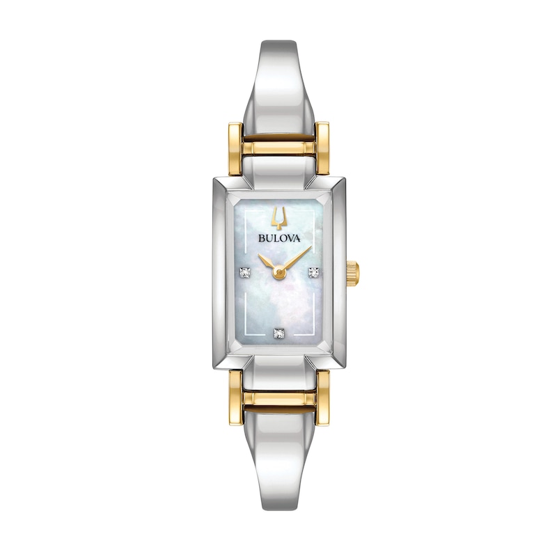Main Image 1 of Ladies' Bulova Classic Diamond Accent Two-Tone Bangle Watch with Rectangular Mother-of-Pearl Dial (Model: 98P188)